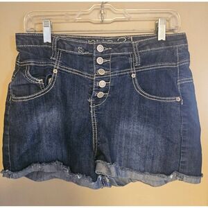 Rue21 High Waisted Dark Wash Button Fly Denim Shorts Raw Hem Size 9/10